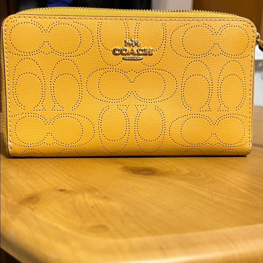 Coach Yellow Perforated Signature Zip Wallet